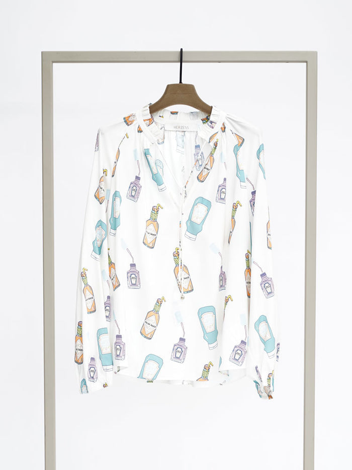 Herzens Silk Printed Bottle Blouse Aqua Multi