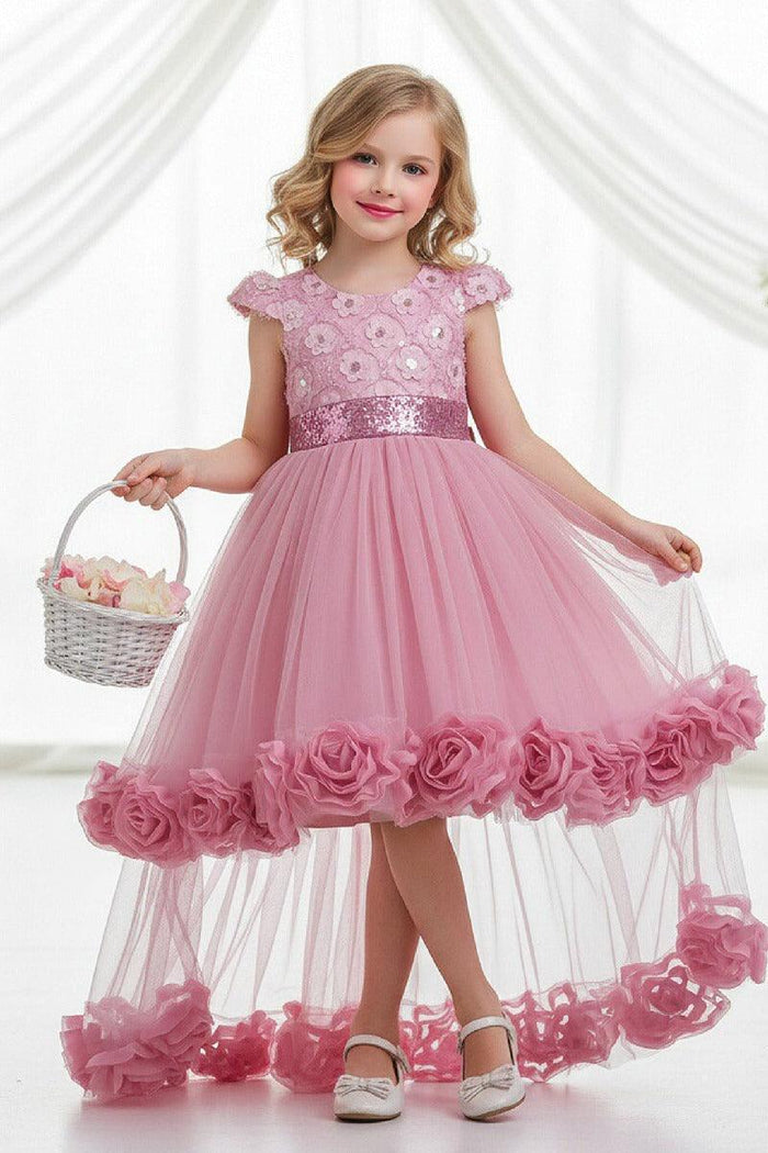 High-Low Cap Sleeve Sequin Lace Tulle Glitter Waistband Flower Girl Dresses 1049651569780