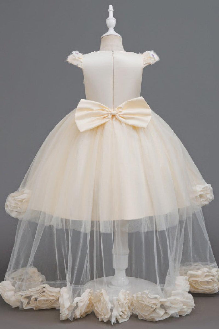 High-Low Cap Sleeve Sequin Lace Tulle Glitter Waistband Flower Girl Dresses 1049651569780