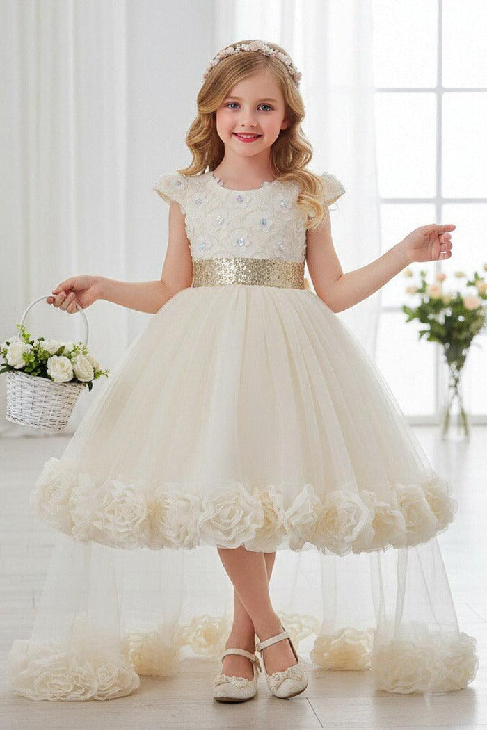 High-Low Cap Sleeve Sequin Lace Tulle Glitter Waistband Flower Girl Dresses 1049651569780