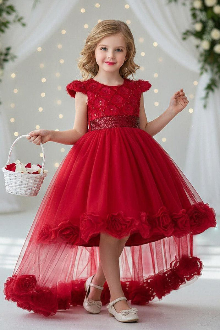 High-Low Cap Sleeve Sequin Lace Tulle Glitter Waistband Flower Girl Dresses 1049651569780