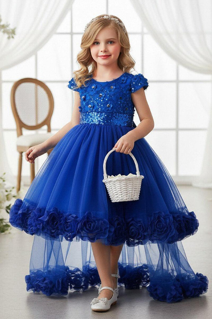 High-Low Cap Sleeve Sequin Lace Tulle Glitter Waistband Flower Girl Dresses 1049651569780