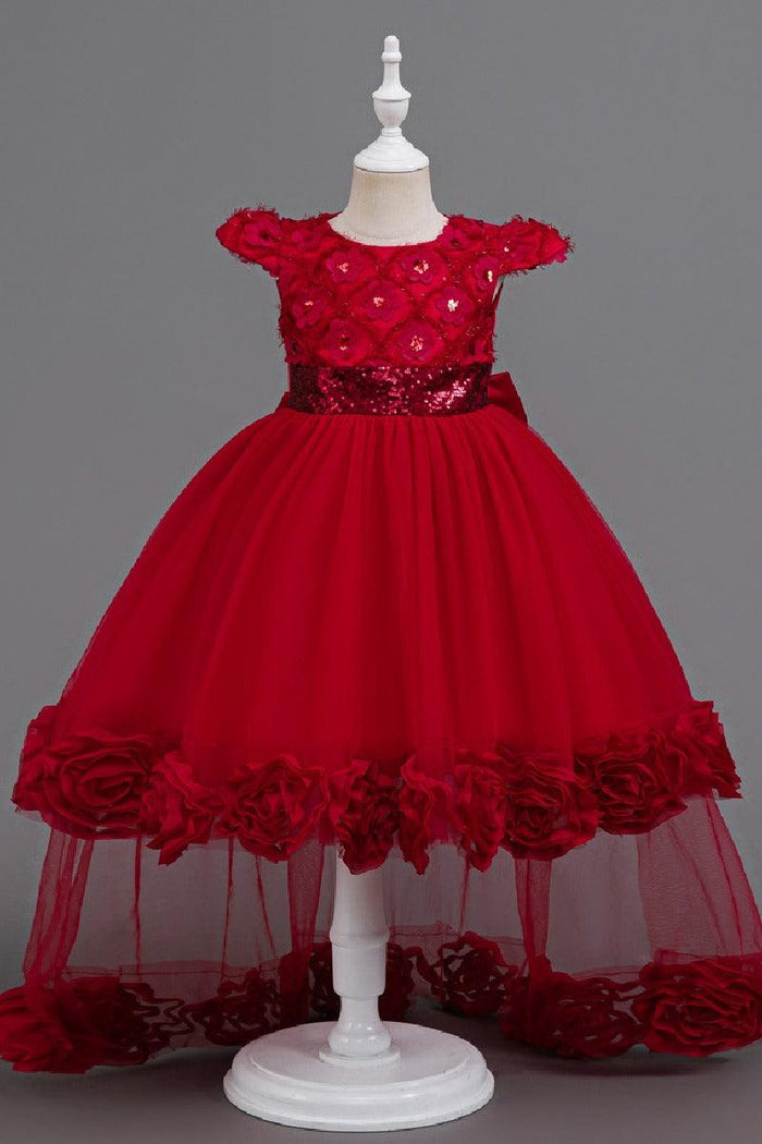 High-Low Cap Sleeve Sequin Lace Tulle Glitter Waistband Flower Girl Dresses 1049651569780