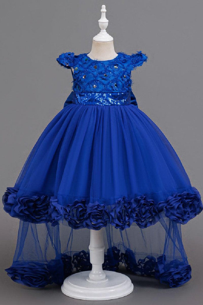 High-Low Cap Sleeve Sequin Lace Tulle Glitter Waistband Flower Girl Dresses 1049651569780