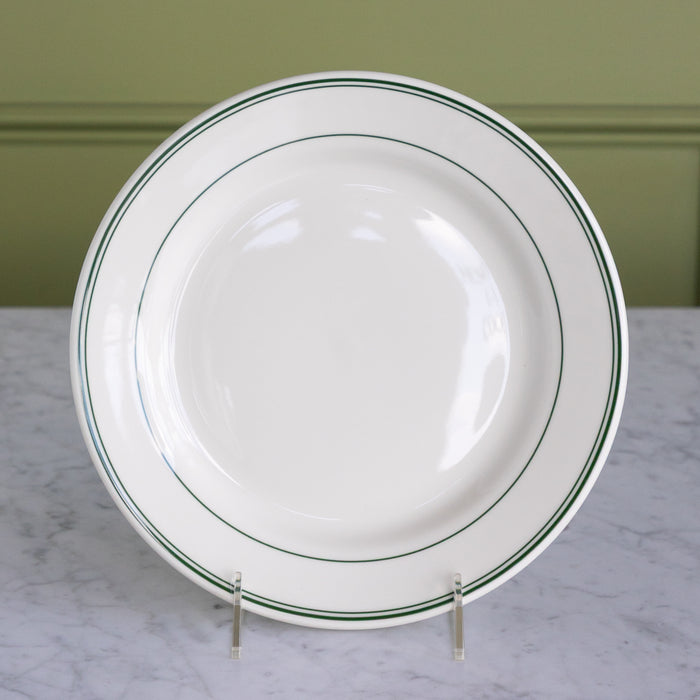 A white porcelain 9-inch appetizer plate with classic green stripes around the outer rim.
