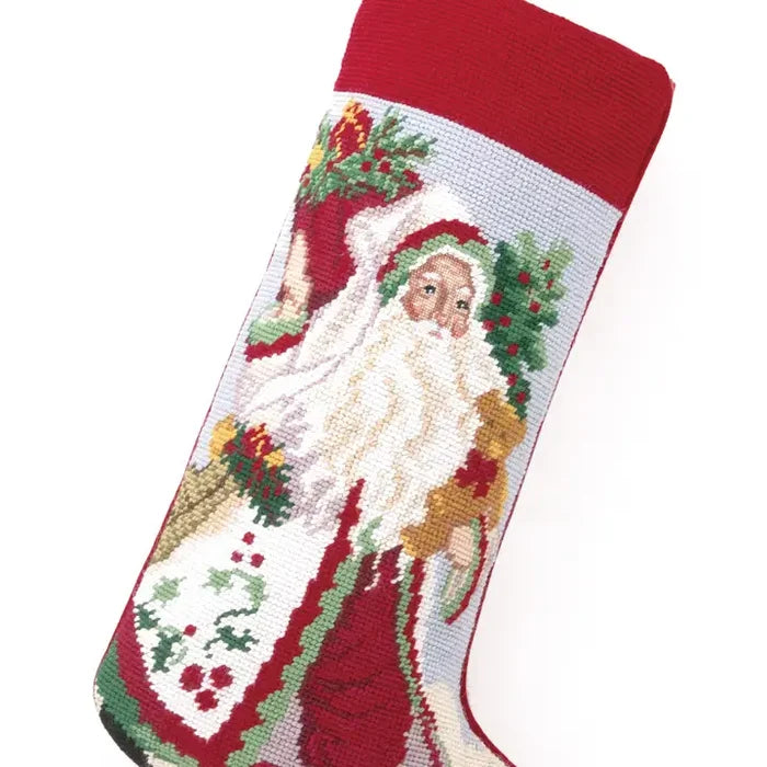 Holly Gathering Santa Needlepoint Stocking