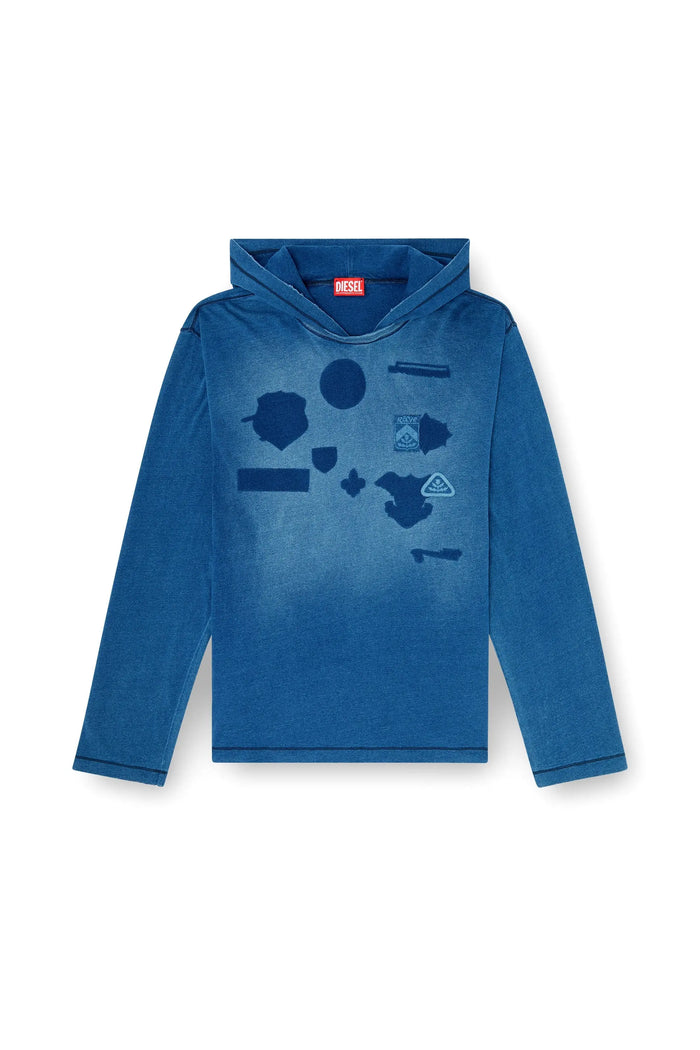 Hooded long-sleeve T-shirt with shadow-effect patches