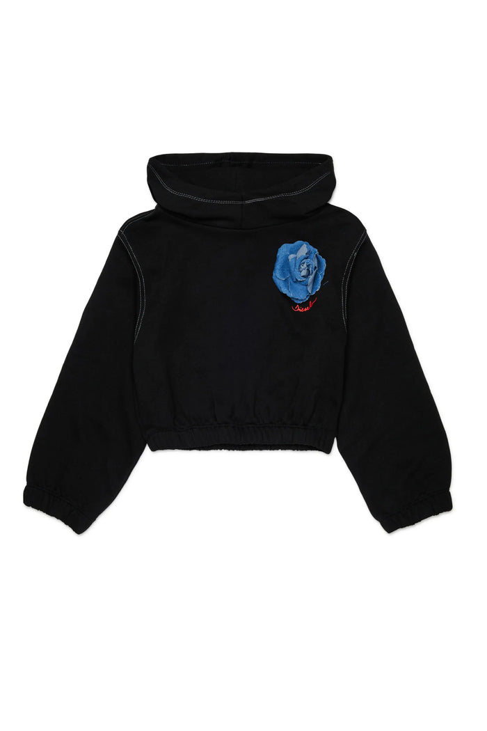 Hoodie with denim rose appliqué