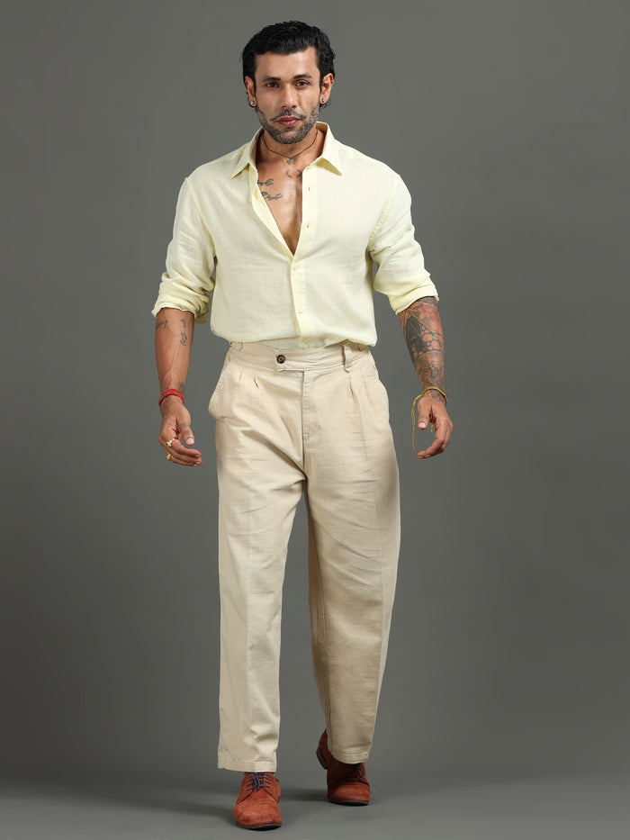 Beige Linen Trousers for Men detail view - Huntington Relaxed Trouser by Italian Colony