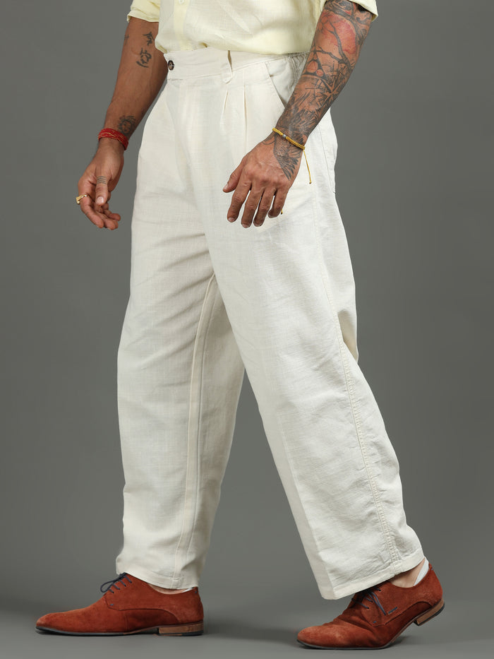 Cream Linen Trousers for Men detail view - Huntington Relaxed Trouser by Italian Colony