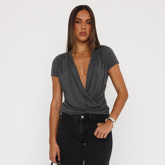Icene Plunge V Neck Solid Top - Dark Grey