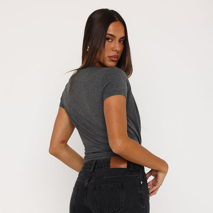 Icene Plunge V Neck Solid Top - Dark Grey