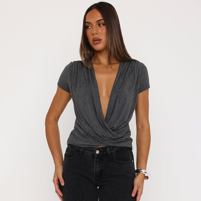 Icene Plunge V Neck Solid Top - Dark Grey
