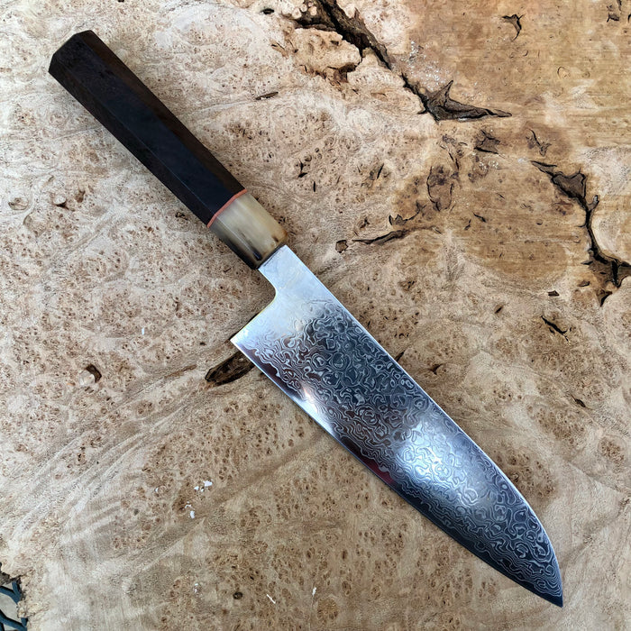 Custom Tsunehisa ZA-18 Damascus Santoku 180mm - Rosewood and blonde horn