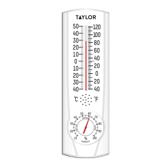 Indoor outdoor tube thermometer with hygrometer in a white housing