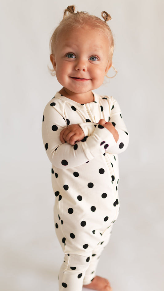 Infant Romper in Cream & Black polka dot