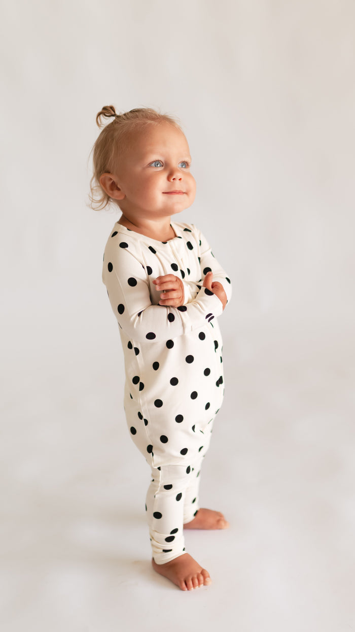 Infant Romper in Cream & Black polka dot