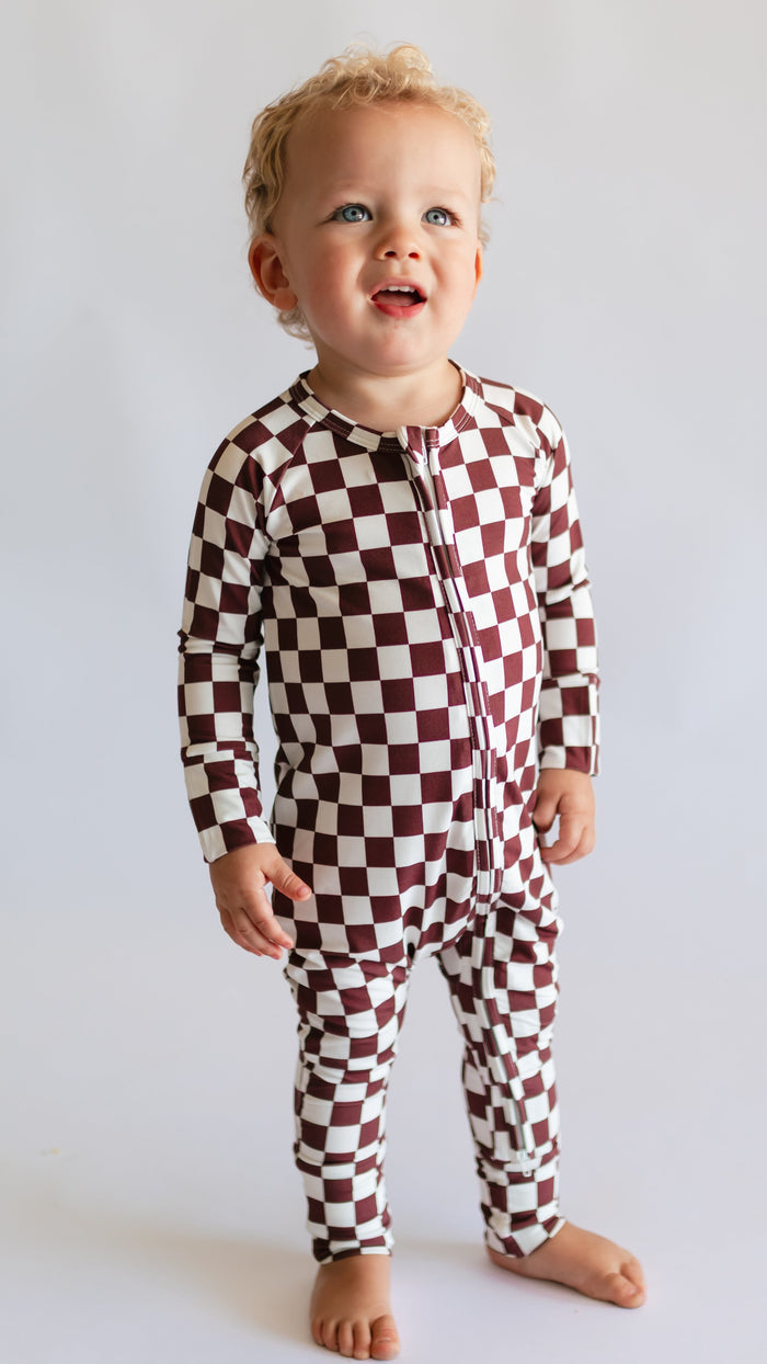 Infant Romper in Cream + Brown Checkered