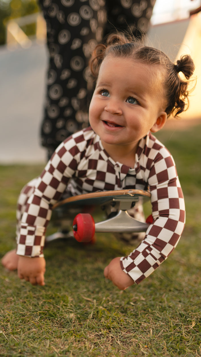 Infant Romper in Cream + Brown Checkered
