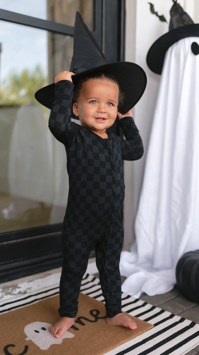 Infant Romper in Grey + Black Checkered