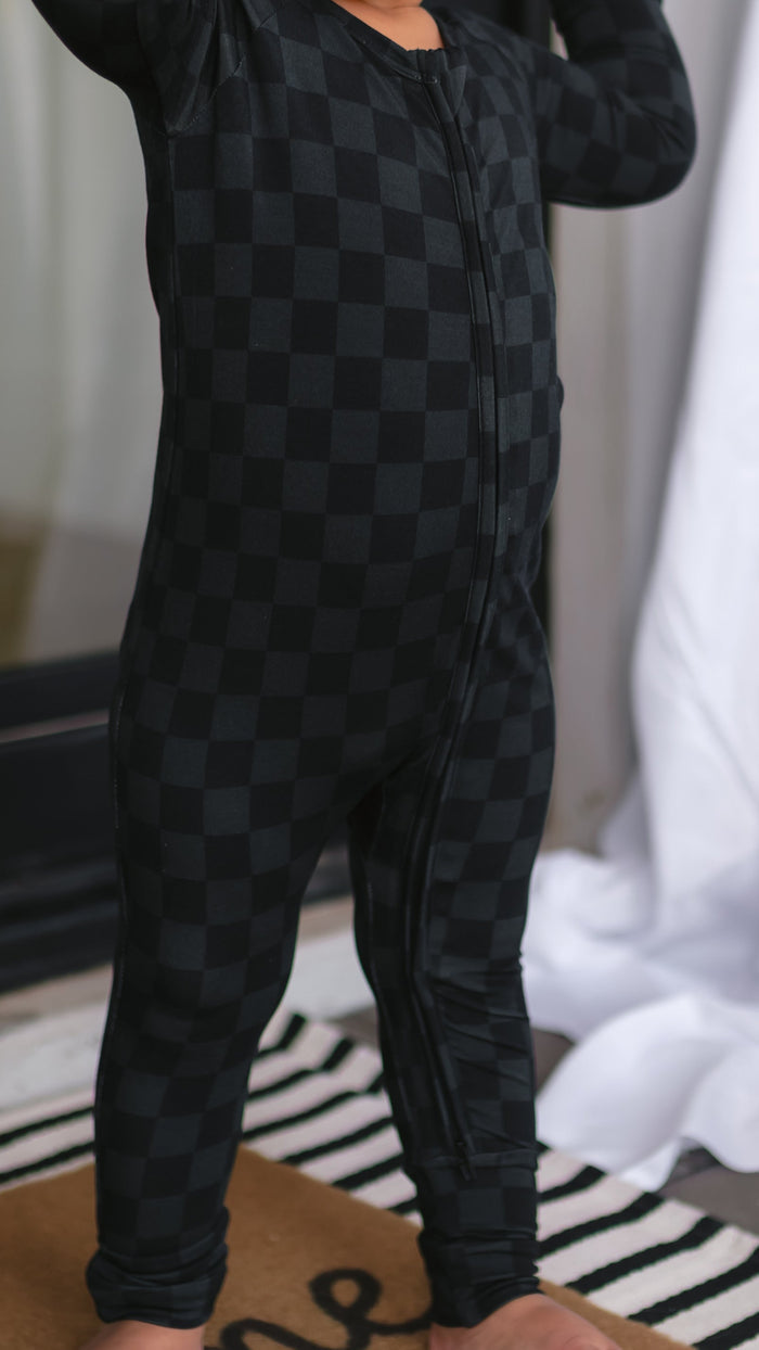 Infant Romper in Grey + Black Checkered