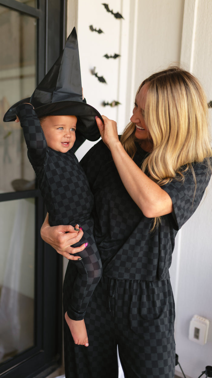 Infant Romper in Grey + Black Checkered