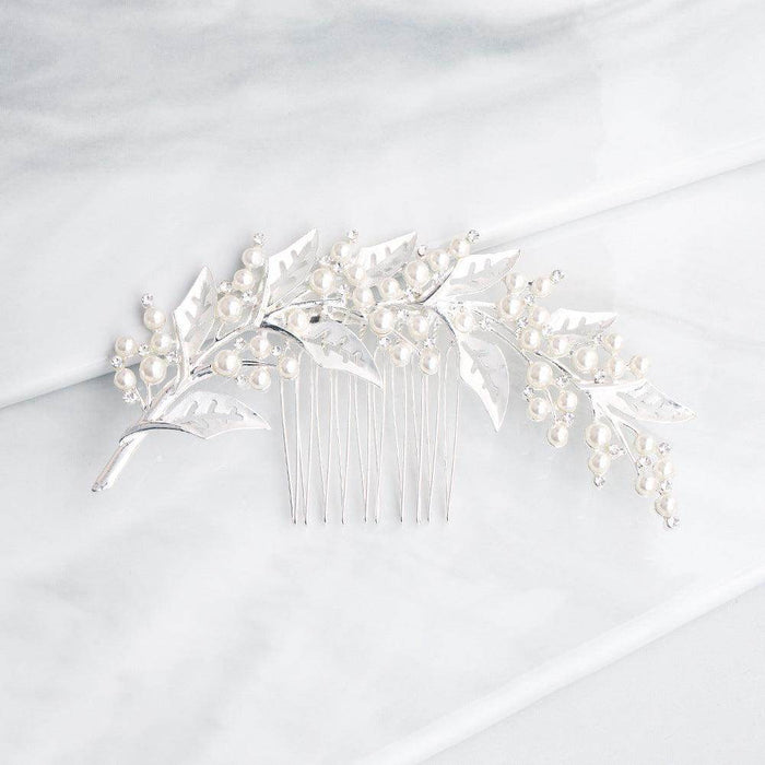 INS style bridal bridal headpiece alloy hollow leaf hair comb Pearl rhinestone disc hair insert comb 597016876018 - COCOMELODY