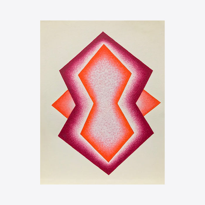 The artwork 'Inside Angle' features a geometric abstract design with a dynamic hourglass shape in vibrant coral orange and deep magenta, creating a gradient effect against a cream background. Precise airbrush-like edges give depth and dimension to the acrylic painting by Joe Piscopia.