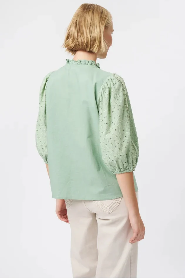 A woman viewed from the back wearing a light sage green blouse with puff sleeves and cream trousers, photographed against a clean white studio background.
