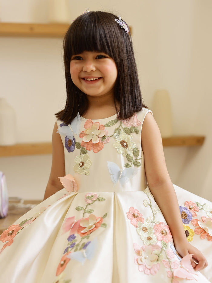 JANYAS CLOSET Off White Satin Dream Flower Dress