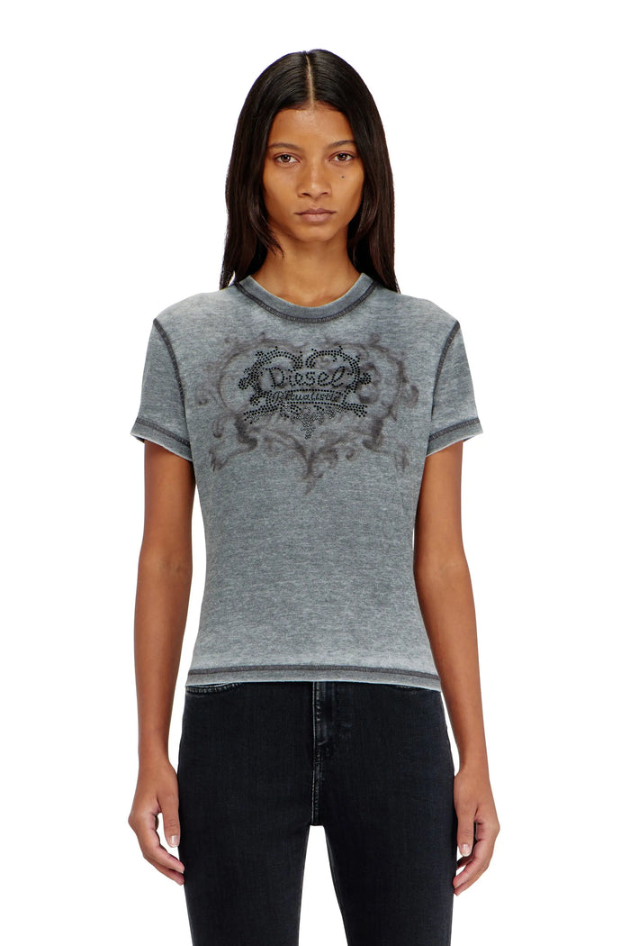 Jersey t-shirt with rhinestones and burnout effect