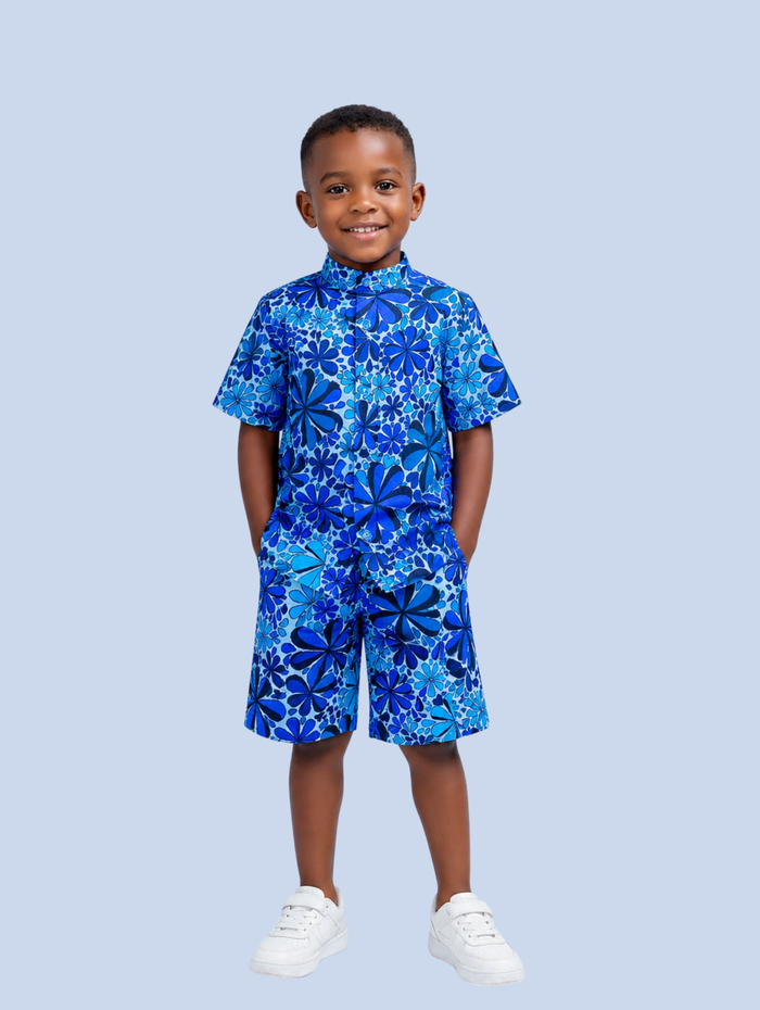 Jimi Boys African Co-ord Set (in Blue ankara button-up Shirt and Shorts)