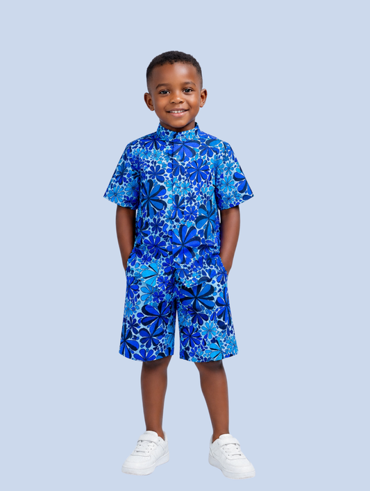 Jimi Boys African Co-ord Set (in Blue ankara button-up Shirt and Shorts)