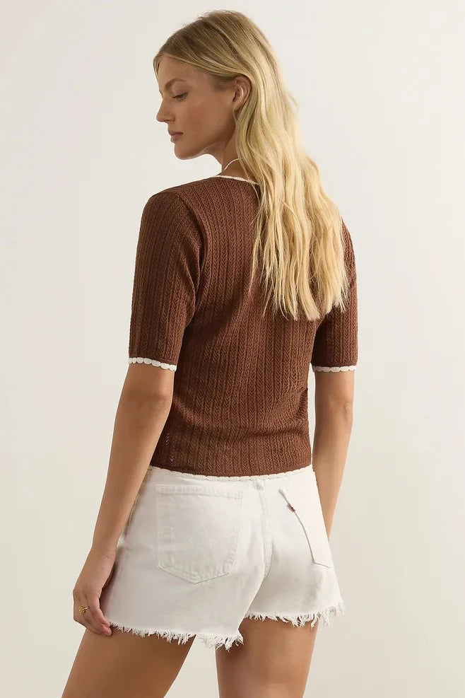 A woman is shown from the back wearing a brown short-sleeve ribbed knit top with white frayed denim shorts and brown strappy sandals, standing against a plain light beige studio background.
