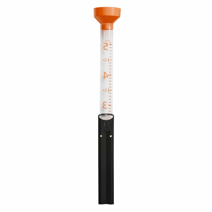 Jumbo Easy-View Rain Gauge with orange funnel and clear tube marked with orange scales on a black stake
