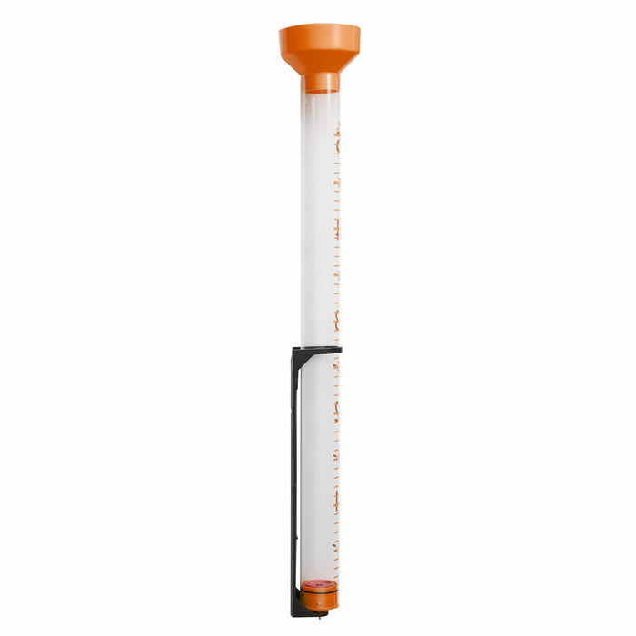 Jumbo Easy-View Rain Gauge showing orange funnel and bottom orange cap on a black mounting stand
