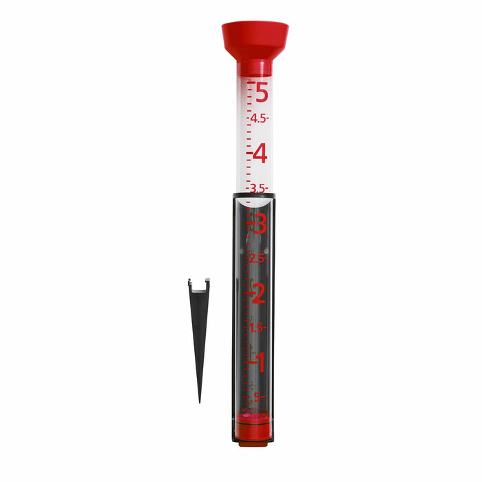 Jumbo Jr Easy-to-View Rain Gauge with red funnel top and clear tube showing red measurement marks.