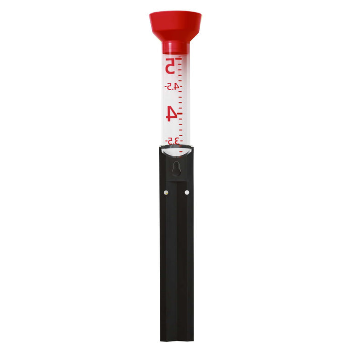 Jumbo Jr Easy-to-View Rain Gauge featuring red scale on clear tube and red funnel top mounted on a black stake.