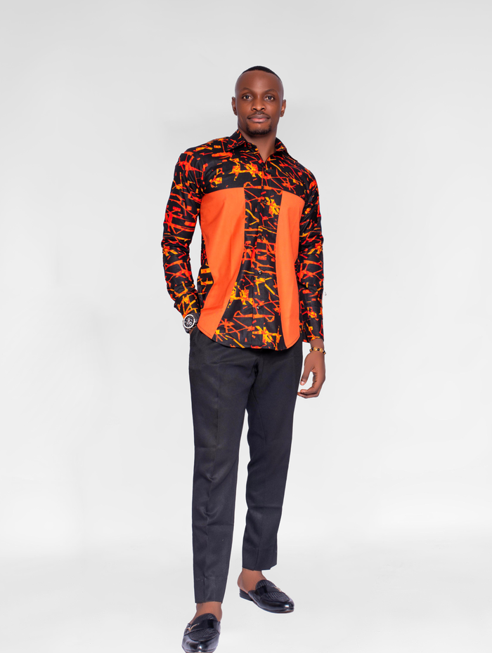 Kachi Men's African Shirt (in Orange and Black Geometric Pattern Ankara)