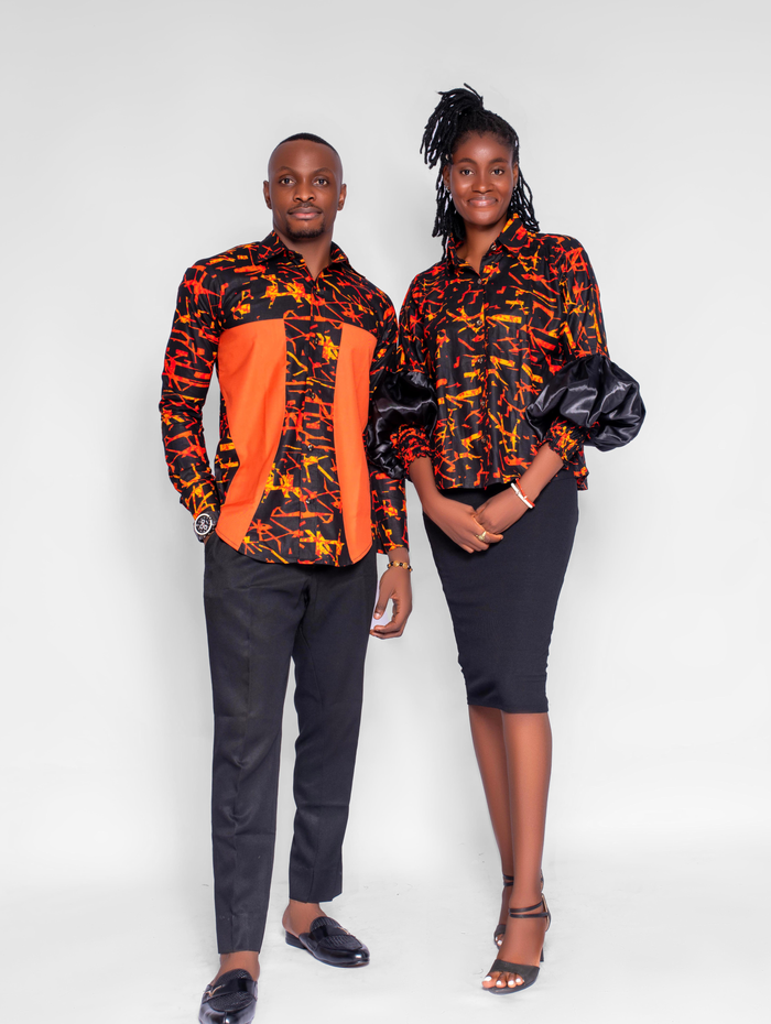 Kachi Men's African Shirt (in Orange and Black Geometric Pattern Ankara)