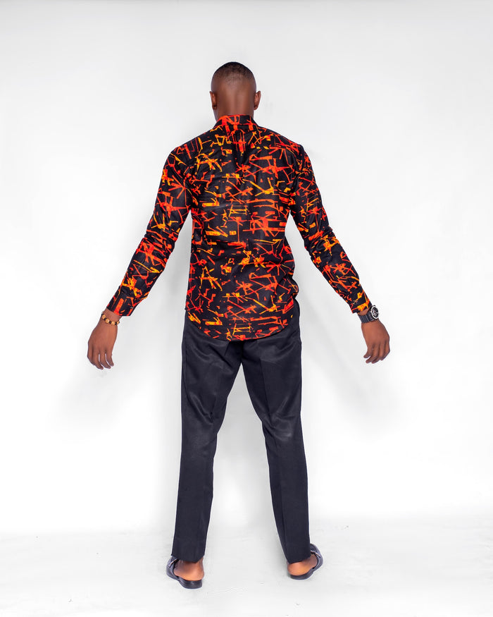 Kachi Men's African Shirt (in Orange and Black Geometric Pattern Ankara)
