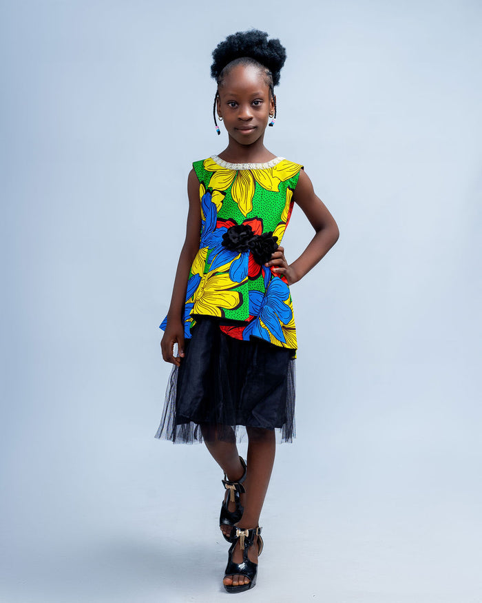 Kaego Girls African Dress in Flowery Print, with Beaded Neckline, Tulle Border