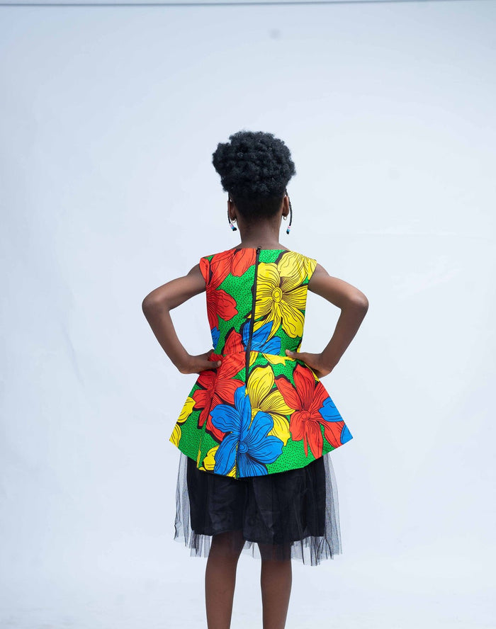 Kaego Girls African Dress in Flowery Print, with Beaded Neckline, Tulle Border
