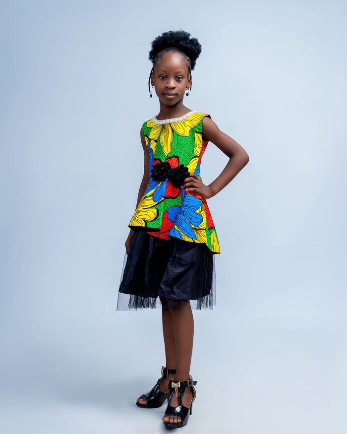 Kaego Girls African Dress in Flowery Print, with Beaded Neckline, Tulle Border