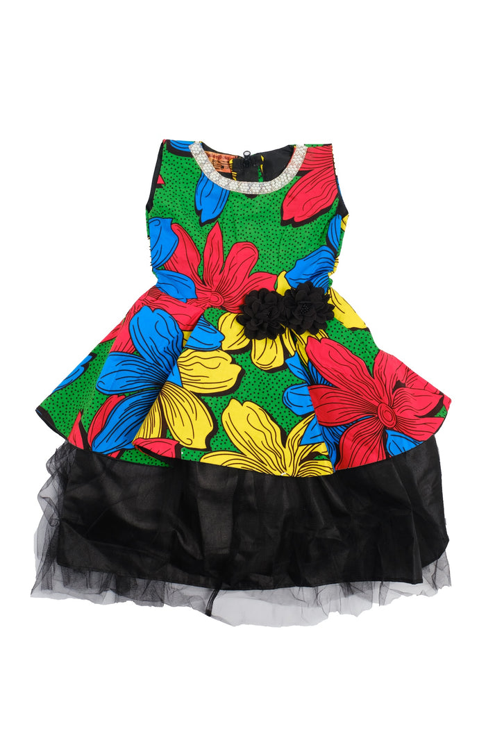 Kaego Girls African Dress in Flowery Print, with Beaded Neckline, Tulle Border