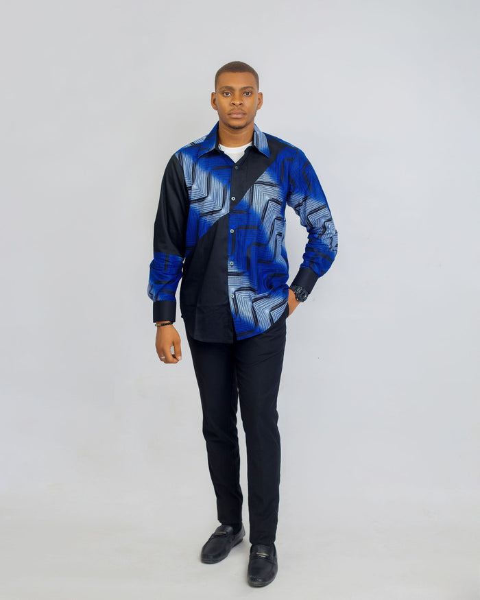 Kairo Men’s African Print Shirt – Blue Noir