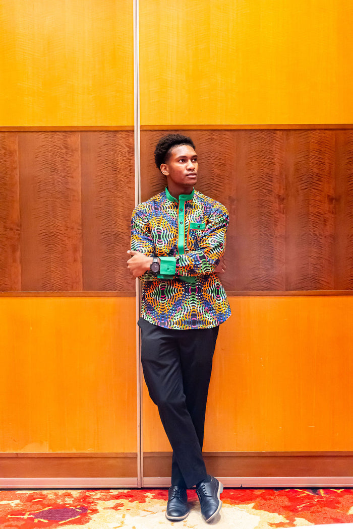 Kamsey Men's African Shirt in Wavy Pattern, Multicolored Print