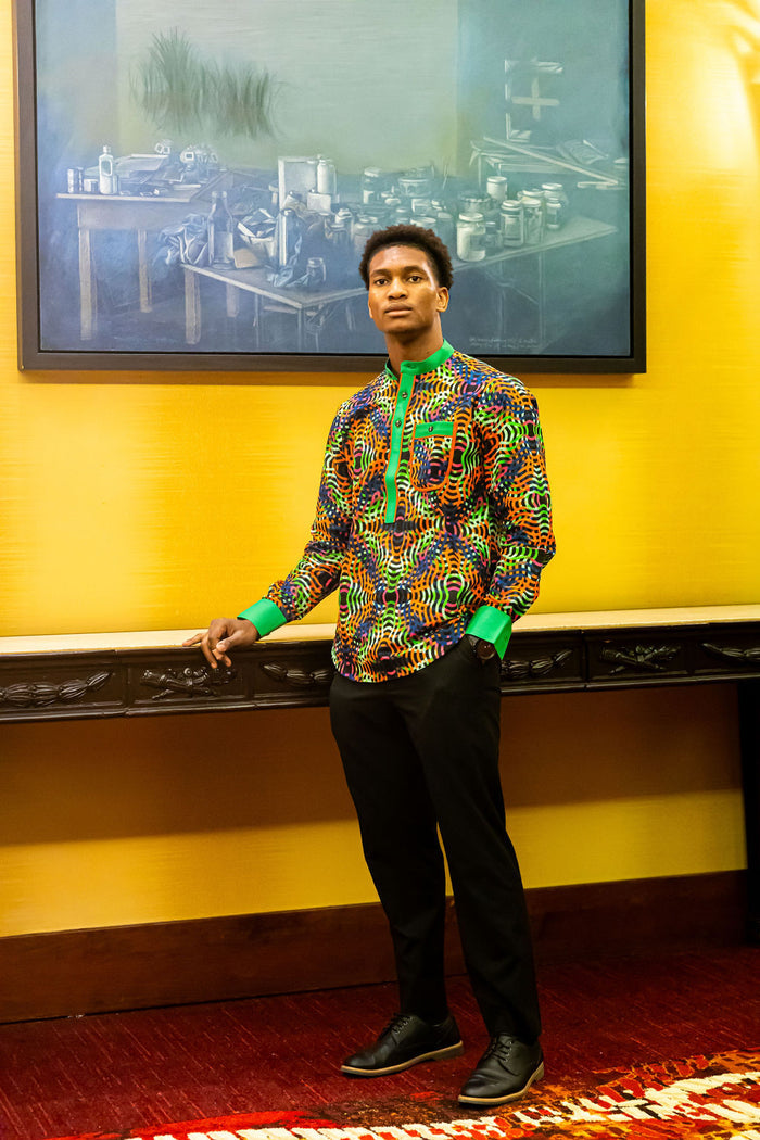 Kamsey Men's African Shirt in Wavy Pattern, Multicolored Print
