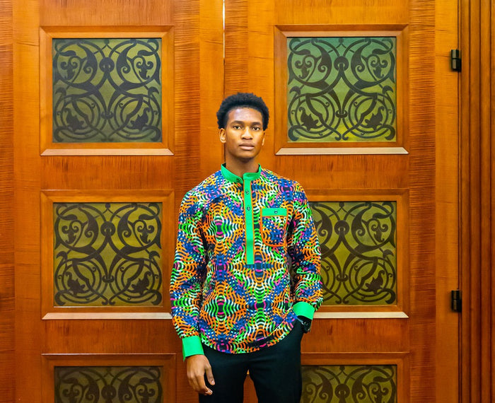 Kamsey Men's African Shirt in Wavy Pattern, Multicolored Print
