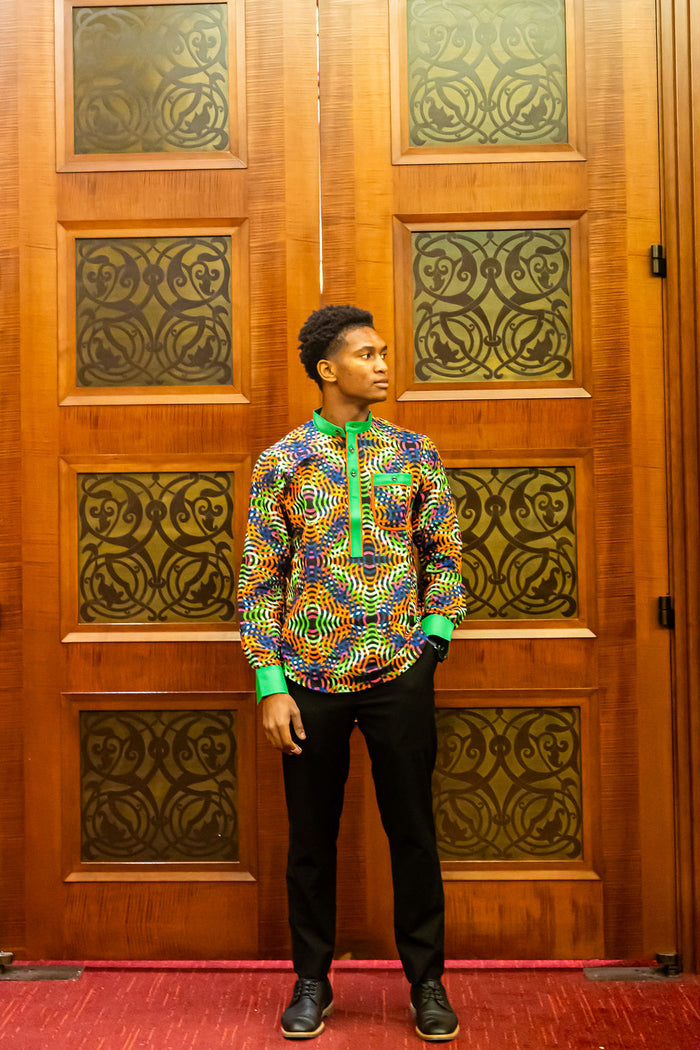 Kamsey Men's African Shirt in Wavy Pattern, Multicolored Print